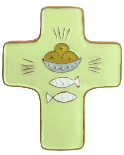 [MKR-58VG109D] Ceramic cross - Bread & Fish - green-yellow (95x120mm)