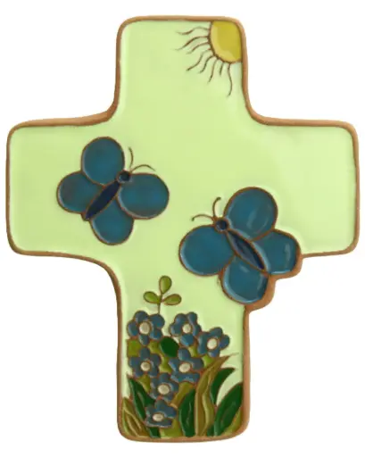 [MKR-58VG55D] Croix  céramique - Pappillons - vert (95x120mm)