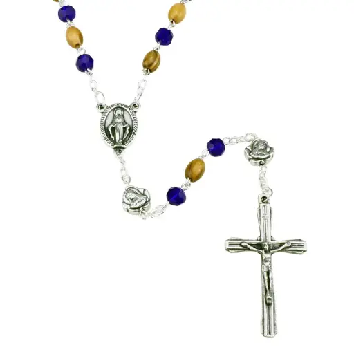 [RZK-35M012BL] Rosary - pearl glass blue/olive wood - OF=rose (⌀6mm)