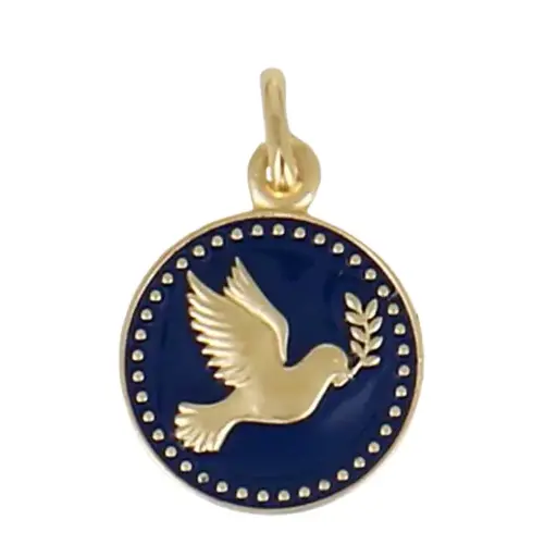 [MDP-46M001] Medaille Duif/Twijg - messing 3μm verguld blauw email (Ø18mm)