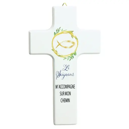 [MKR-41TFR404BWT] Kinderkruis 'Le Seigneur m'accompagne...' - wit (90x150mm)