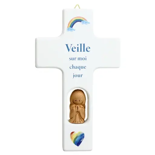 [MKR-41TFR410WT] Croix bois/ange  'Veille sur moi ...' - blanche (90x150mm)