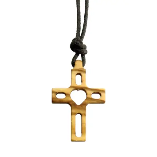 [KOK-35M05] Cross with cord - Big Heart - olive wood (20x30mm)