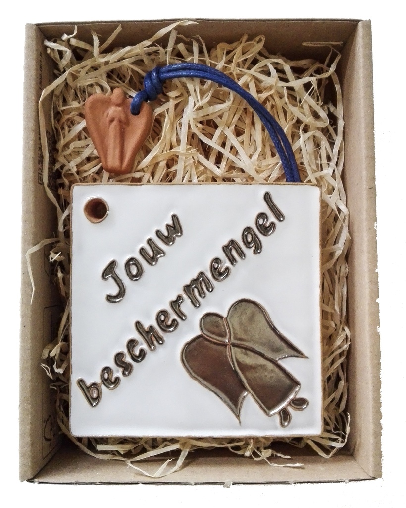 Tegel & engeltje 'Jouw beschermenge l' - keramiek/in box - 7x12,5cm
