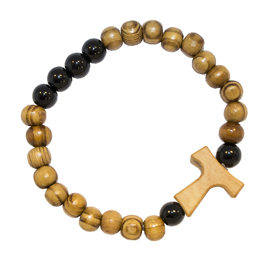 Armband Tau - imitatie olijfhout/zwarte glasparels - elastiek (8x6mm)