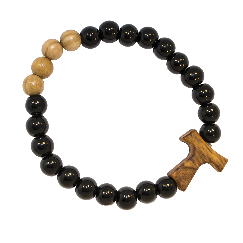 Armband Tau - zwarte glasparels/olijfhout - elastiek (Ø8mm)