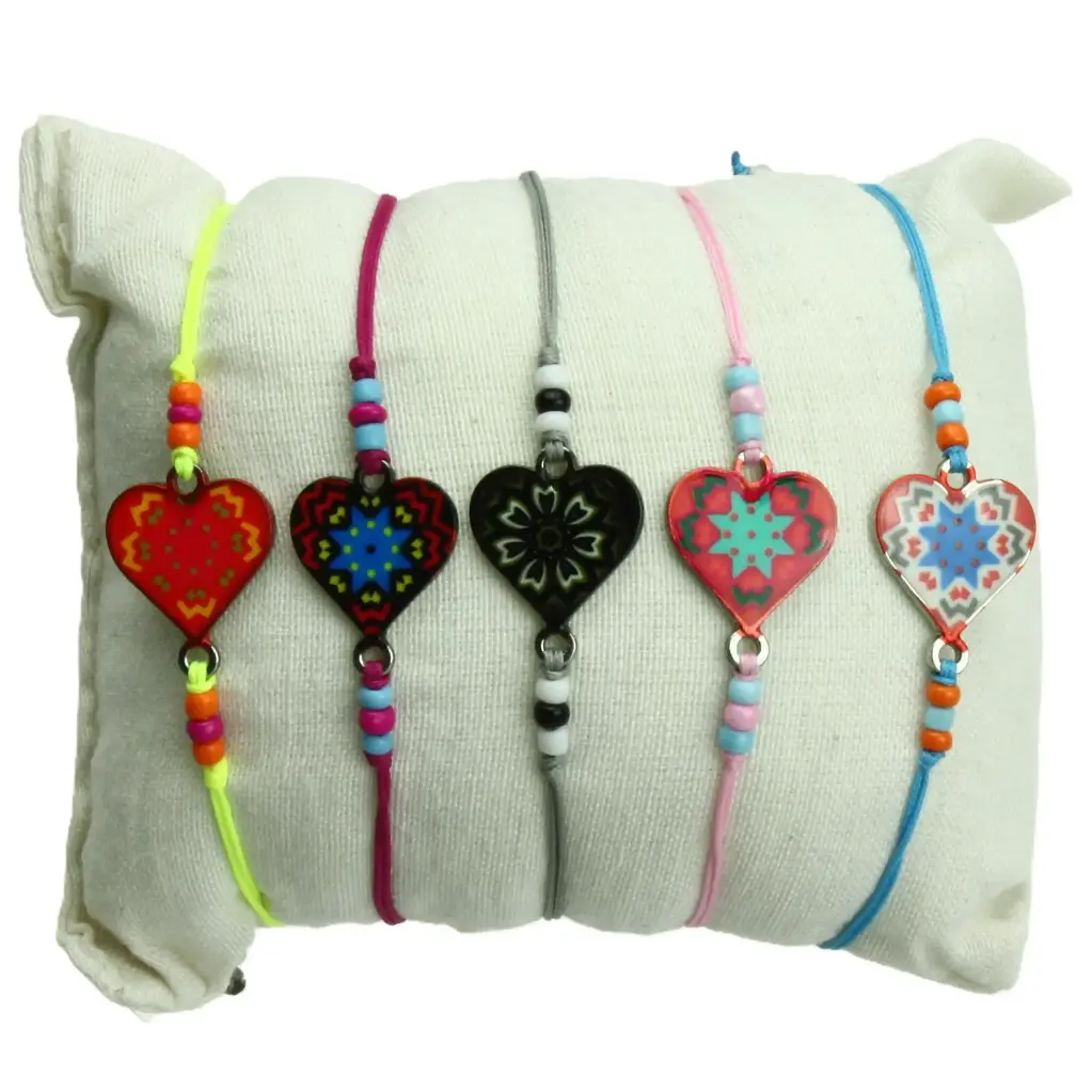 Armband - farbige Kordel/Herz emailliert - sortiert (16x16mm)