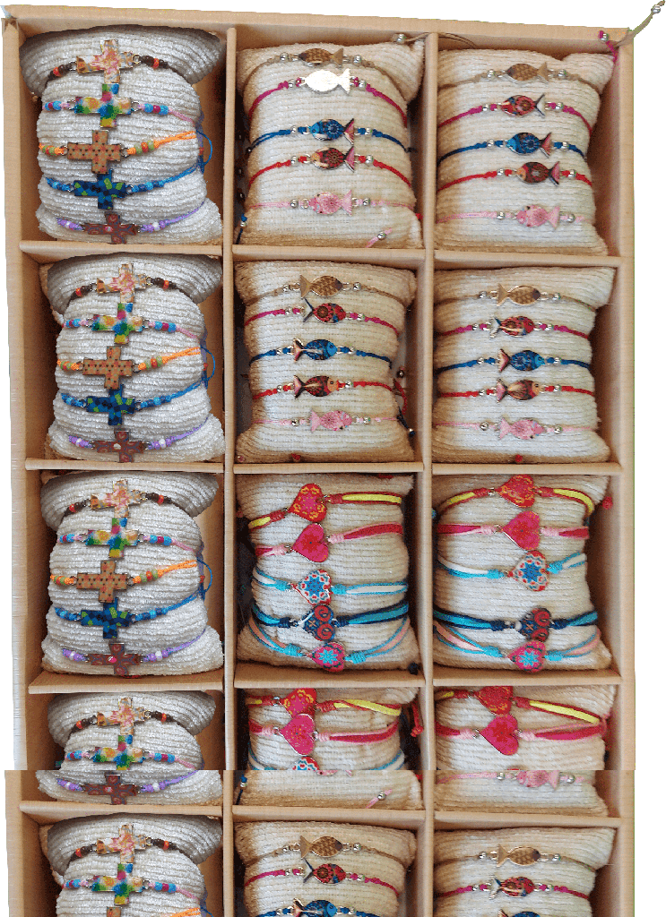 Display mit 3x20 Armbänder Herz/Ichtus/Kreuz emailiert - ass