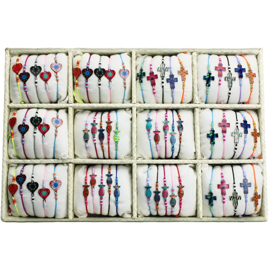 Display mit 4x15 Armbänder Blume/Herz/Ichtus/Kreuz emailiert - ass