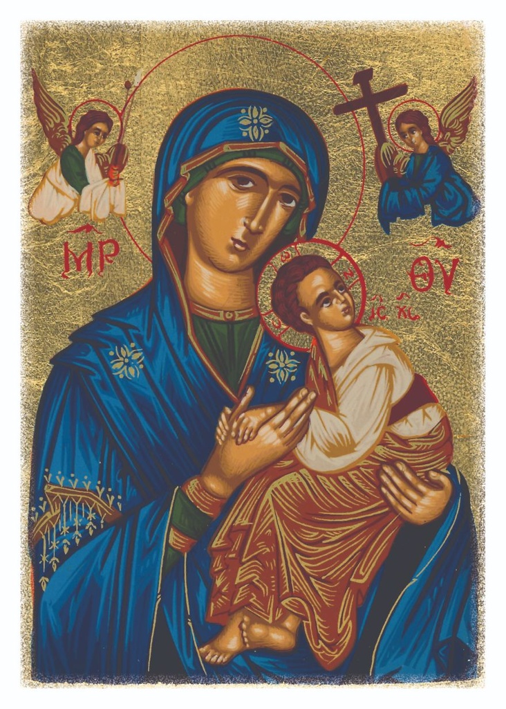 Carte en bois - 10x14cm - Vierge Perp. Secours/bleue