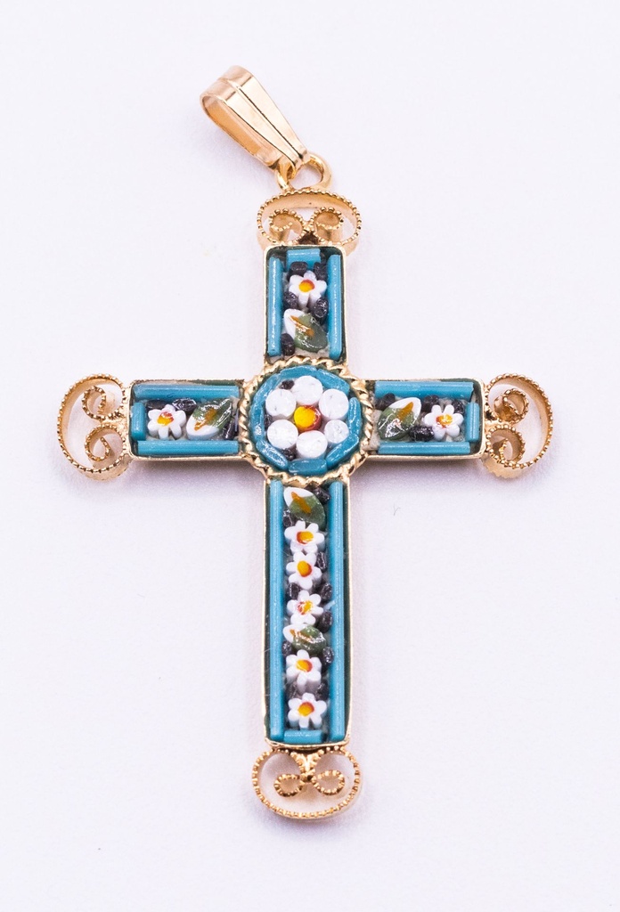 MOSAIQUE BIZANTINE PENDENTIF CROIX BLEU CLAIRE 4*2,5 CM AVEC BOITE