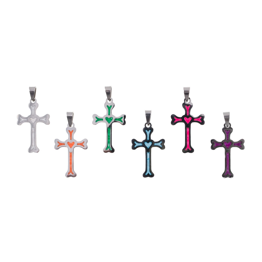 Ketting (48-55cm) met Kruis/hart 25mm - assorti kleuren - RVS