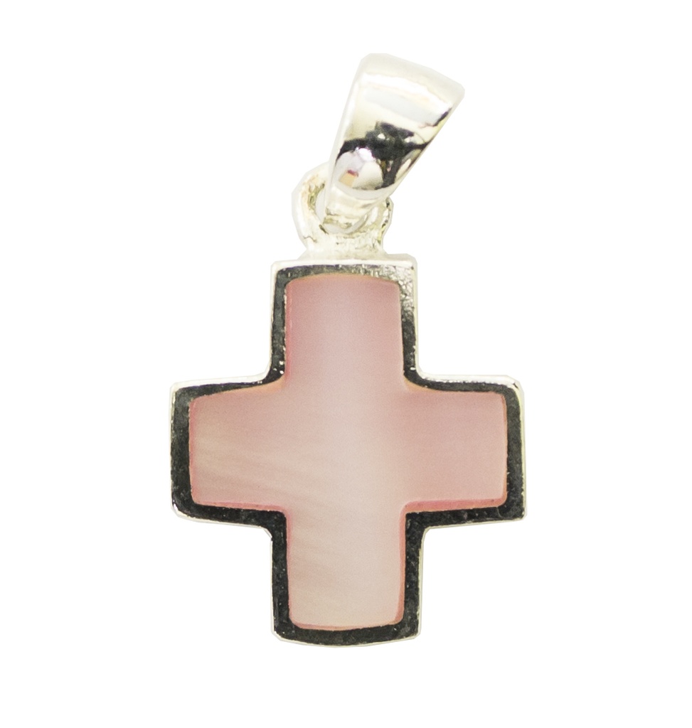 Anhänger 925 Silber rhodiniert - Kreuz Perlmutt Rosa (14x14mm)