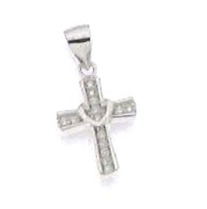 Croix coeur/pierre zircone blanche - Argent 925‰ rhodié (12x18mm)
