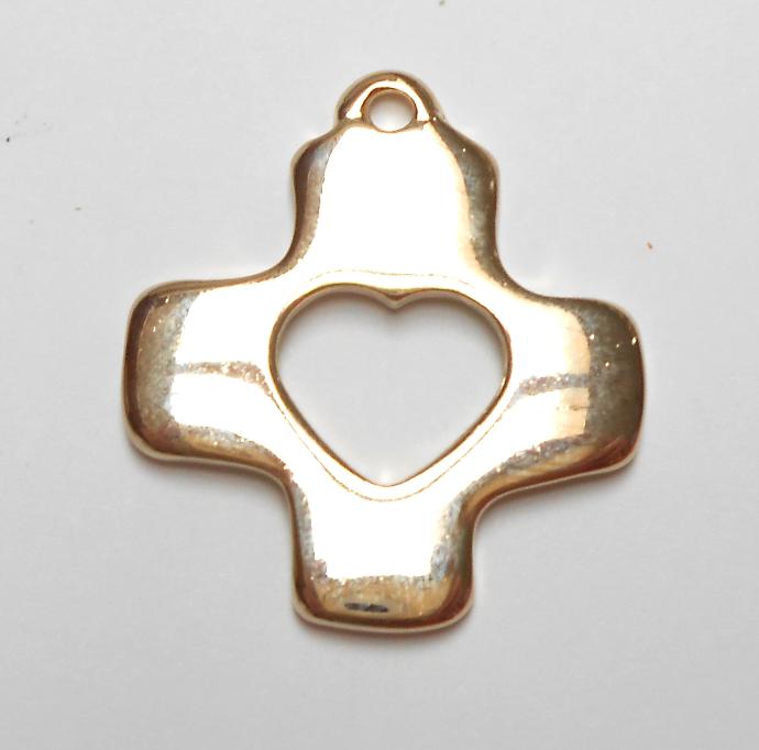 Croix avec coeur sur cordon - métal doré (30x30mm)
