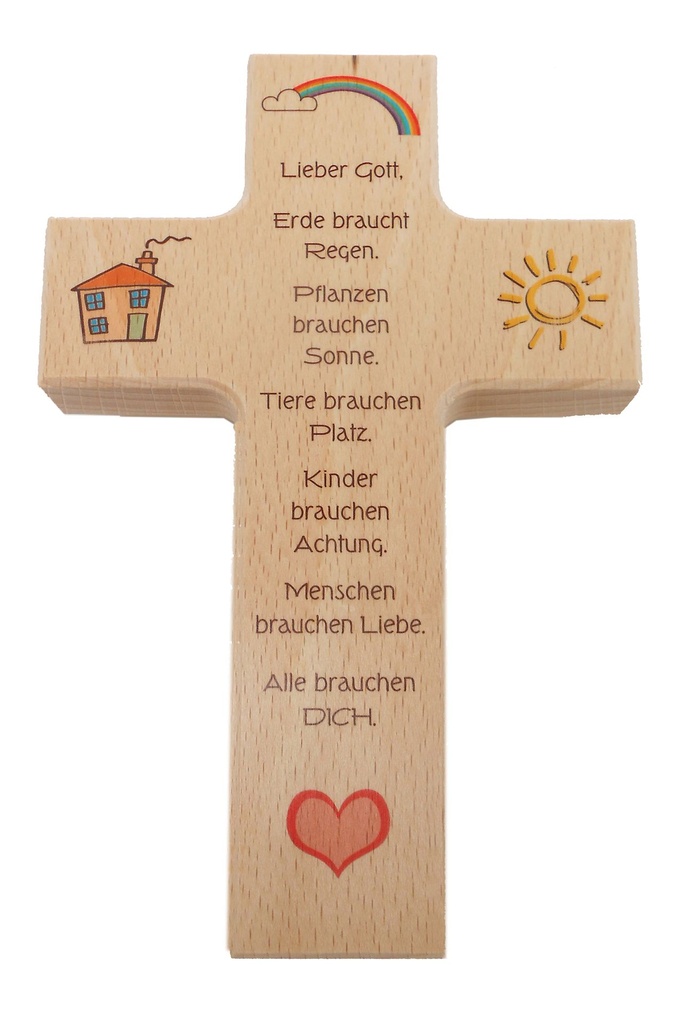 Croix enfant 4 symboles 'Lieber Gott' - bois (90x150mm)
