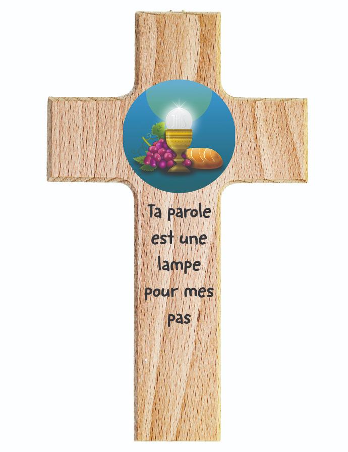 Croix enfant bois - 'Ta parole éclaire mes pas' (90x150mm)