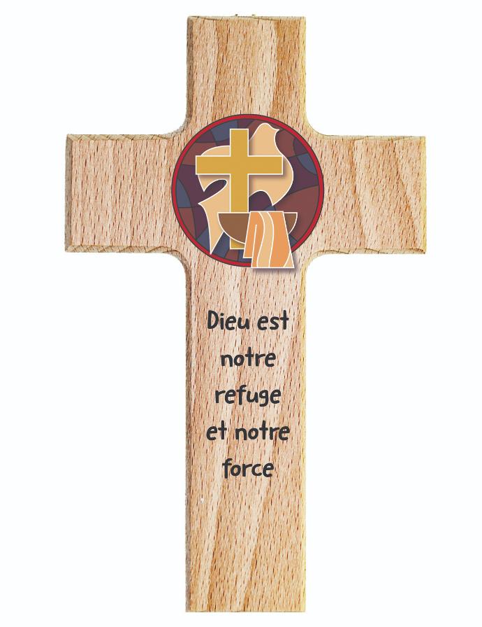 Croix enfant bois - 'Dieu est notre refuge' (90x150mm)