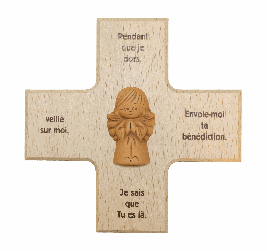 Croix avec ange en terre cuite 'Pendant que je dors' - bois (120x120mm)