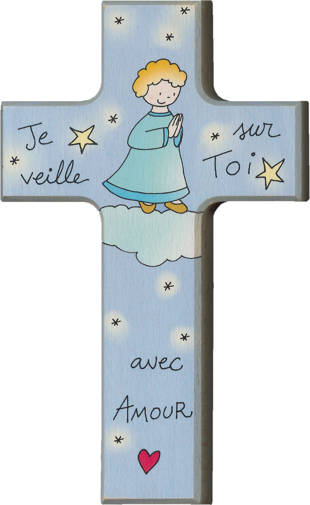 Kinderkruis engel 'Je veille sur toi' - hout (90x150mm)