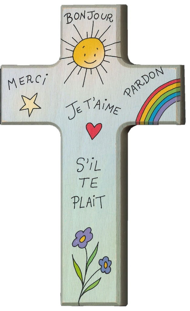 Croix murale coeur 'Bonjour-Merci-Pardon' - bois (90x150mm)