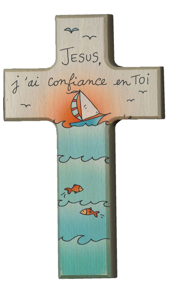 Kinderkruis bootje 'Jésus, j'ai confiance' - hout (90x150mm)