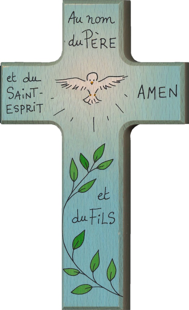 Holzkreuz - Buche natur - Farbdruck - 'Au nom de... (90x150mm)