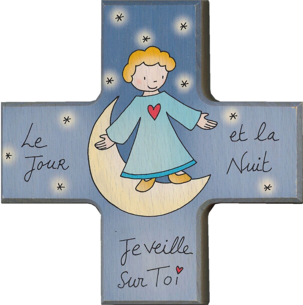 Croix murale ange et lune 'Le JOUR et la NUIT' - bois (120x120mm)