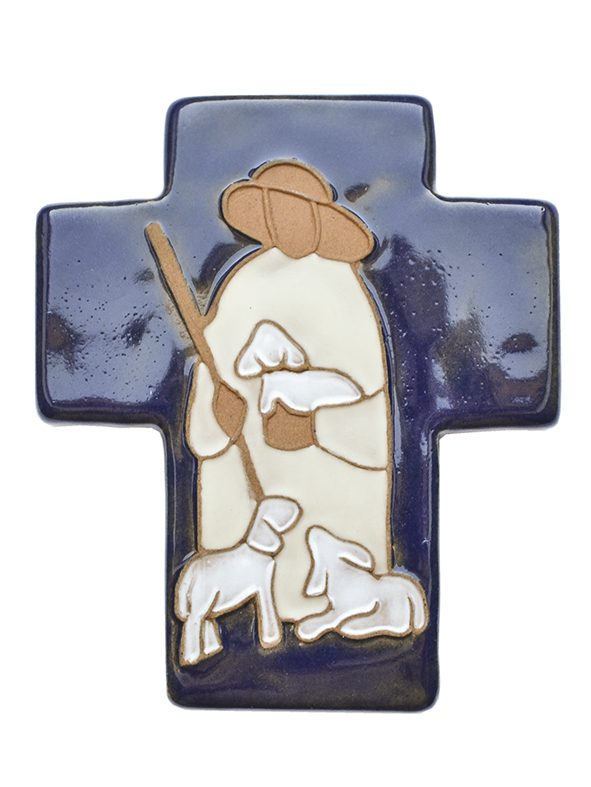 Kruisbeeld keramiek - Goede Herder - donkerblauw (90x110mm)