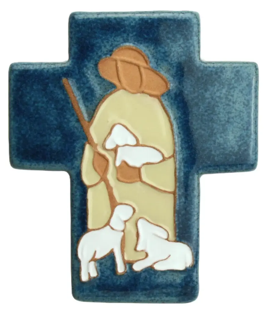 Kruisbeeld keramiek - Goede Herder - blauw speciaal (90x110mm)