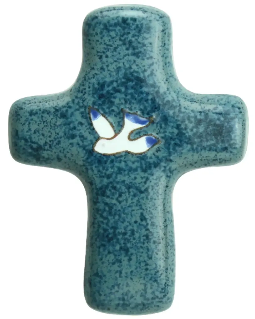Croix céramique - Colombe - bleu moucheté (85x115mm)