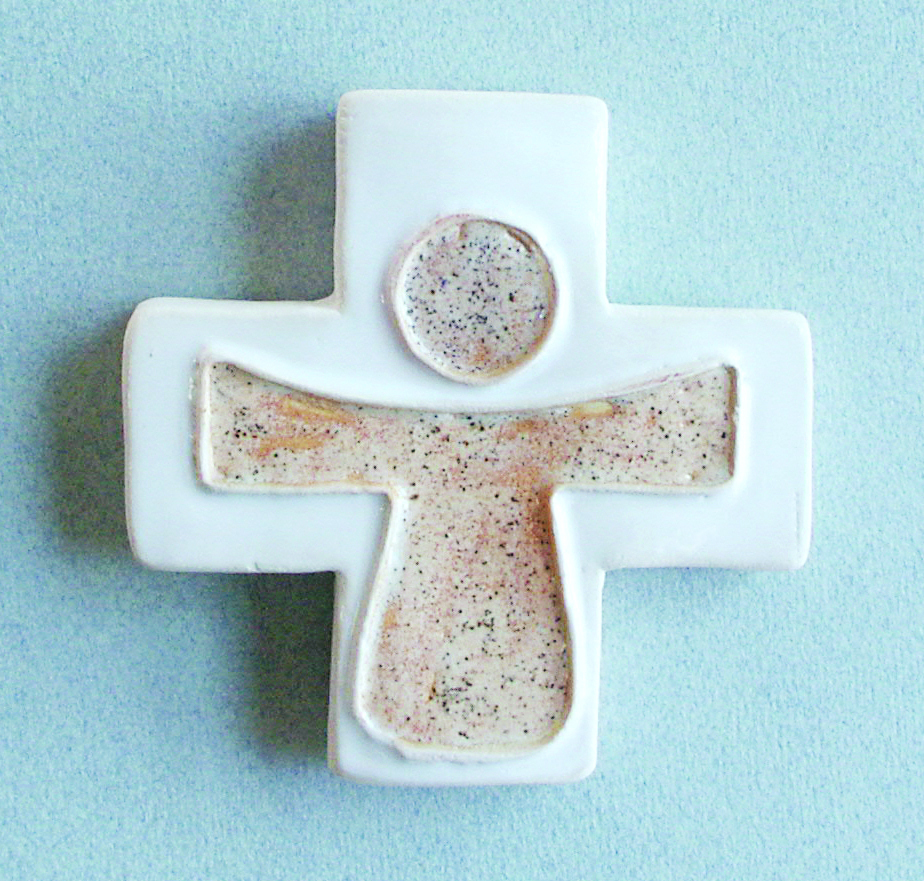 Keramik Kreuz - Kind - Gelbbraun/Weiss (75x75mm)