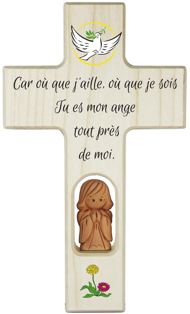 Kinderkreuz Holz mit Tonengel - Mon ange gardien... (120x200mm)