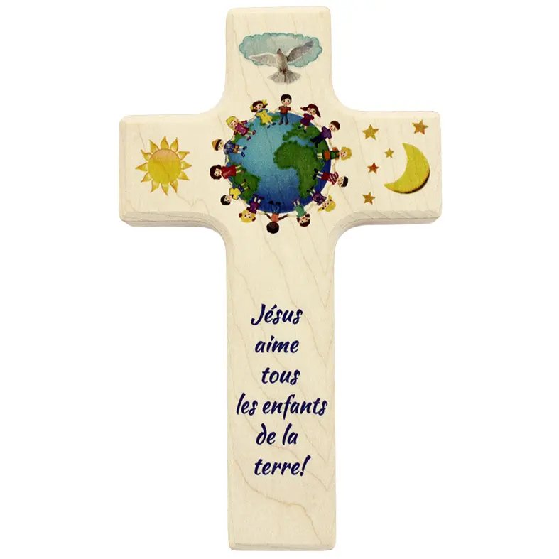 Kinderkruis hout - 'Jésus aime tous' (90x150mm)