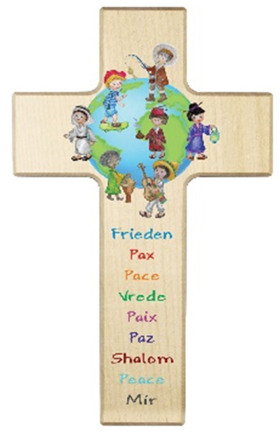 Kinderkruis hout - 'Frieden, Paix, Pace' (90x150mm)