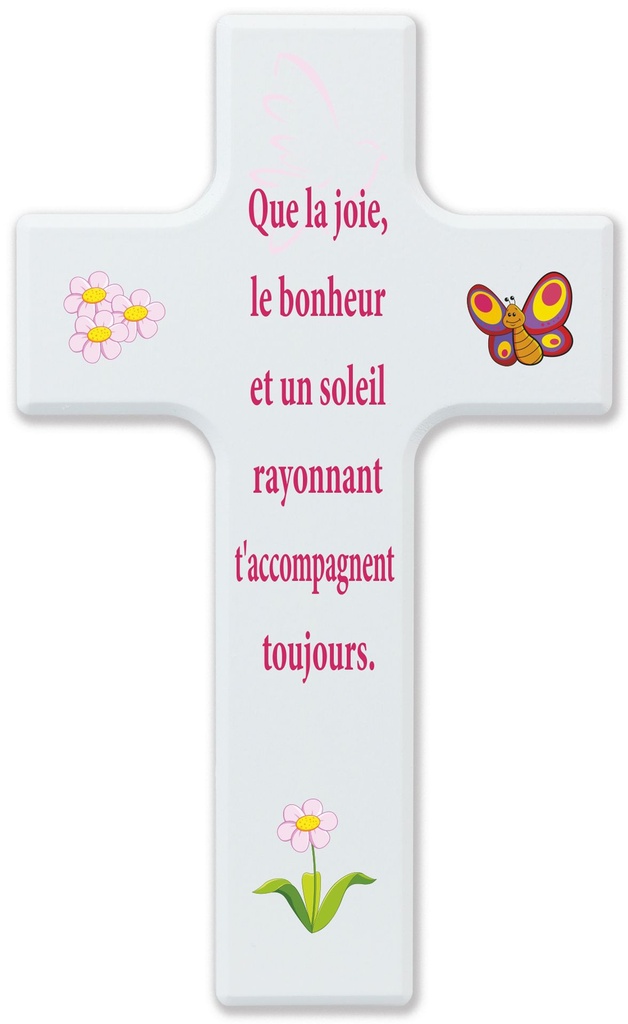 Croix enfant bois/blanche - 'Que la joie...' (90x150mm)