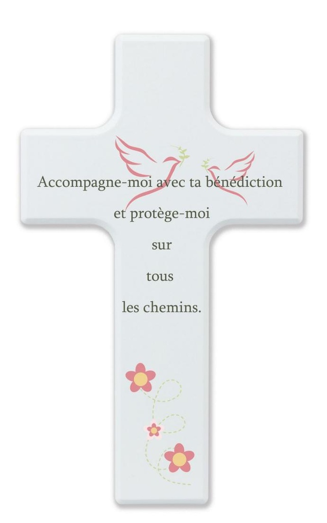 Croix enfant bois/blanche - 'Accompagne-moi' (90x150mm)