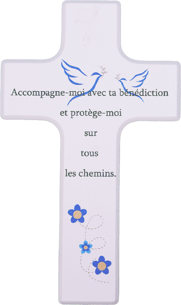 Kinderkreuz Holz weiss lakiert - Accompagne-moi ... (90x150mm)