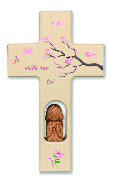 Croix bois/ange - rose swarovski - 'Je veille sur toi' (90x150mm)