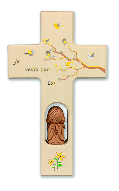 Kruisje hout/engel-oranje swarovski - 'Je veille sur toi' (90x150mm)