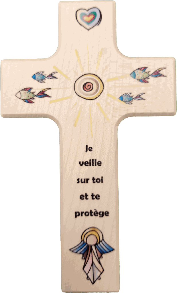 Croix enfant bois - Soleil/poisson/ange - Je veille sur... (90x150mm)