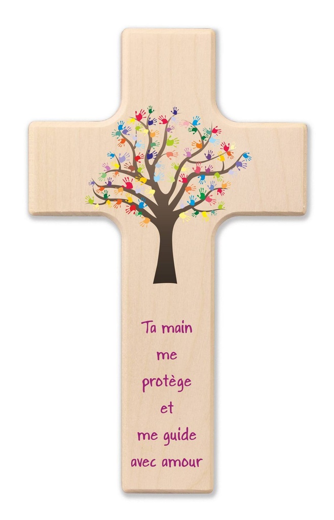 Holzkreuz - 'Ta main me protège ...' (90x150mm)