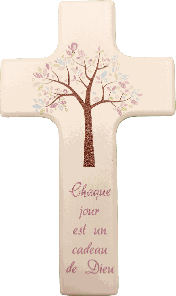 Croix enfant - bois/blanche - "Chaque jour...'/rose (90x150mm)