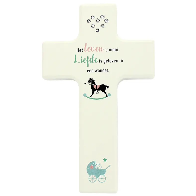 Holzkreuz/weiss swarovski - 'Het leven is mooi...' (90x150mm)