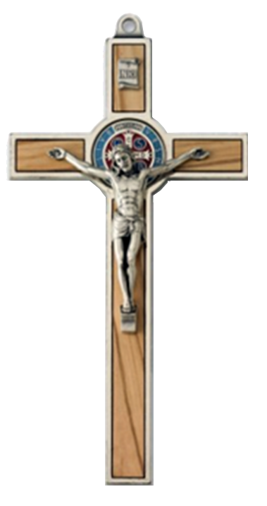 Kruisbeeld Benedictus/metaal - olijfhout/medaille emaille (100x185mm)