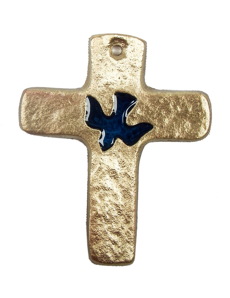 Croix murale bronze - Colombe/emaillé bleu (70x85mm)