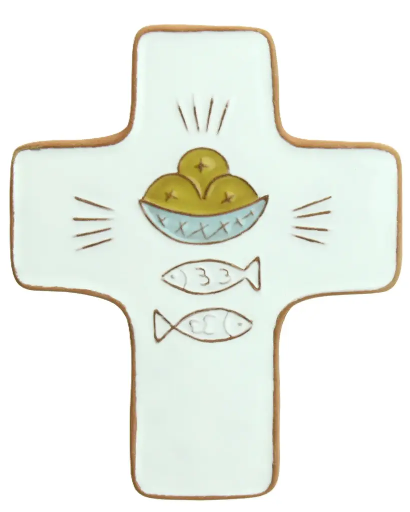 Kruisbeeld keramiek - Brood & vissen - wit (95x120mm)