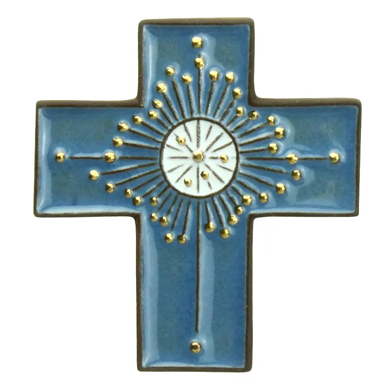Croix  céramique - Cercle rayonant - bleu foncée (80x90mm)