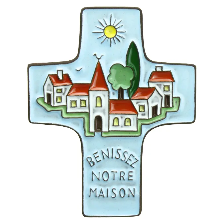 Ceramic cross - 'Bénissez notre...' - blue (95x120mm)