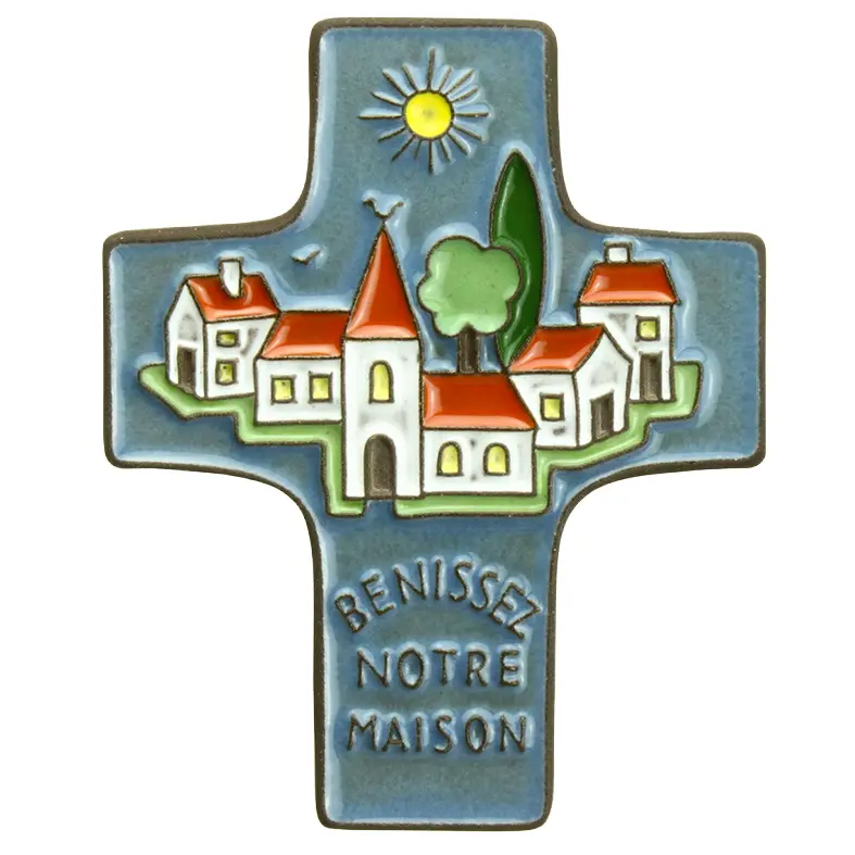 Kruisbeeld keramiek - 'Bénissez notre...' - donkerblauw (95x120mm)